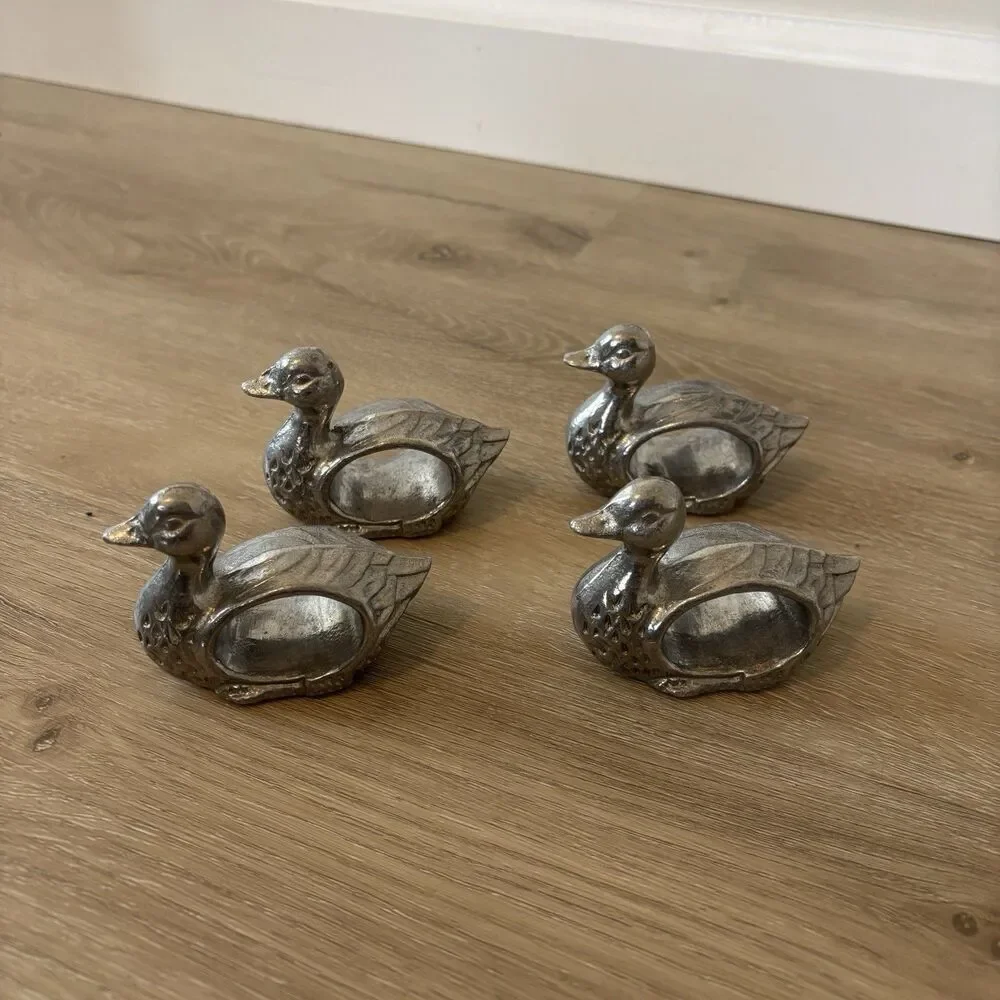 Vintage Pewter/ Metal Duck Napkin Rings Set 4 Grandmacore Cottagecore TableDecor